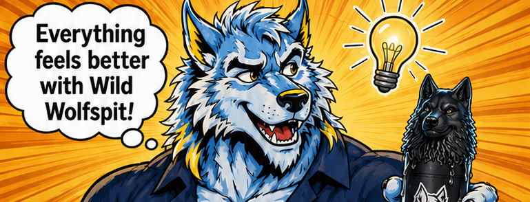 The Wild Wolf Spit wolf with a bright idea, holding a bottle of Wild Wolf Spit